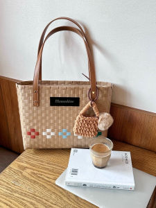 Rainbow Elephant Woven Handbag Tote Bag Womens Shopping Bag Bathing Beach Bag Soft Handle Korean Style Acrylic Plastic Bag