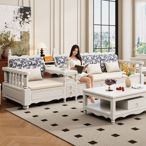 American Style Solid Wood Sofa White Creamy Living Room Furniture for Small Apartments High Box Storage Wood Sofa
