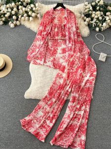 Bộ Thời Trang Dopamine Nữ Rộng Rãi Xếp Ly Áo Sơ Mi Áo Ngực Cao Vòng Eo Quần Dài Mùa Hè 2023 Thoải Mái Thời Trang/ Phong Cách Hòa Tấu