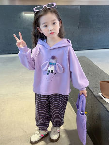 ชุดเสื้อสเวตเตอร์มีฮู้ดแขนยาวลายการ์ตูนฤดูใบไม้ร่วง ชุดกีฬาลำลองสำหรับเด็กผู้หญิง ทรงหลวม แขนยาว คอตตอน คอกลม