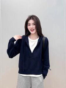 Korean Style Long Sleeve Hoodie Knitted Sweater Women Spring Fashion Age Reduction Color Block Patchwork Fake Two-Piece Top