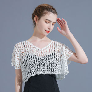 Cotton Lace Shirt Women Summer Short Sleeve Loose Hollow out Overhead Cover up Top Small Shoulder Bared V Neck Pure Color