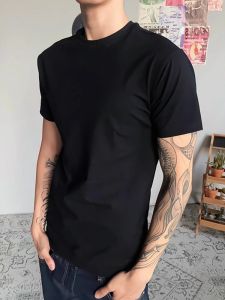 Black Pure Cotton Slim Fit Mens T-Shirt Short Sleeve Small Collar American CleanFit Handsome Half Sleeve Spring Casual Wear