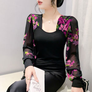 YIMEI เสื้อแขนยาวพิมพ์ลายผ้าชีฟองคอเหลี่ยมสไตล์ตะวันตกของผู้หญิงเสื้อยืดแฟชั่นสไตล์เกาหลีหวานๆพร้อมเสื้อเชิ้ตตัวเล็กล่างลายม้าลาย2024ฤดูใบไม้ร่วงเข้ารูปพอดีใหม่