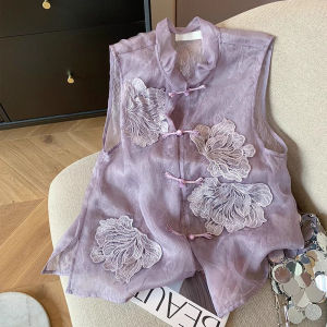 New Chinese Style Embroidered Stand Collar Sleeveless Vest Womens Summer  Style Layered Top Single Button Closure