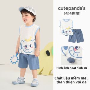 CUTEPANDAS | Bộ Áo Dạ Quần Không Tay Thông Thở Hình Cartoon Cho Bé Trai Và Bé Gái