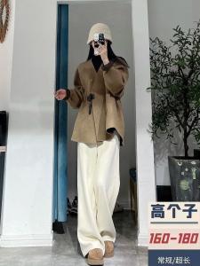 กางเกงขายาวทรงหลวมเอวสูงสำหรับผู้หญิง ฤดูใบไม้ร่วงปี 2025 ผ้าฝ้ายผสมโพลีเอสเตอร์ ทรงตรง กางเกงขายาวลำลอง