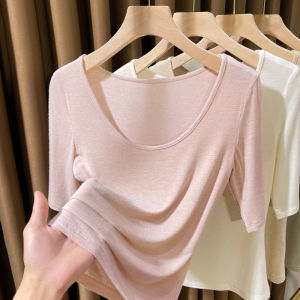Slim Fit Summer U-Neck T-Shirt Modal Mid-Sleeve