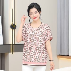 plus Size Mom Summer Casual Loose Slimming Short Sleeve T-Shirt Women Middle-Aged And Elderly Mid-Length round Neck Polyester Fiber