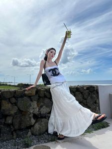 Nabi French Style Plaid Life Cotton and Linen White Dress Drape Skirt Womens Stylish High Waist A- line Cake Dress