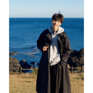 Black Korean Style Mens Windbreaker Coat Britsh Fashion Middle-Length Jacket Autumn Spring Season High Sensation Casual Wear