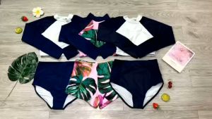 Bộ Đồ Bơi Nữ 2 Mảnh Bikini Đi Biển Quần Đùi Cạp Cao Áo Crop Dài Tay Freesize BinSports BHV093