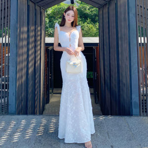 CHANGTONG | French Style Beautiful Unique Slim Fit Long Dress Strapless Bodycon Summer Elegant Hollow Out Shoulder Baring Waist Cinched