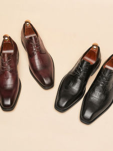 Spring and Summer Men Genuine Leather Shoes Small Square Toe Brogue Design Derby Style Business Formal Wear
