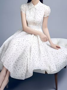 Xingqianfei Summer Fashion Elegant French Style Long Polka Dot Square Collar Dress Waist Cinched Womens Dress A-Line Skirt