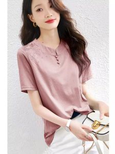 Elegant Embroidered Decorative Casual T-Shirt Womens Fashionable Korean Style Summer New Arrival Hollow out Button Detail Cotton Blend Top