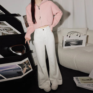 Retro American High Waist Bell Bottom Jeans Womens Spring New Style Not Tight Slimming Drapey Bell Pants Pure Color Denim