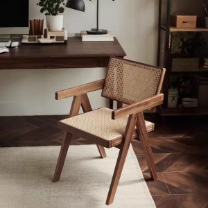 lron Poetry.PH Rattan Chair Dining Chair with Rattan Woven Seat Wooden Armrest Chairs Armchairs for Home