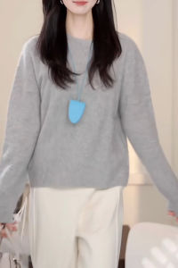 QINGNAER | Korean Style Laid-back Loose Slim Big Size Gray Round Neck Long Sleeve Knitwear