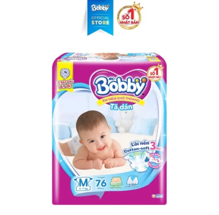 Tã dán Bobby size M 76 miếng, M 46 miếng (6 - 11 kg), L 68 miếng (9-14kg)