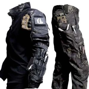 Outdoor Hunting Top Shirts + Breathable Long Pants Cargo Men Tactical Wear Resistance Airsoft Camping Hunting Multi-pocket