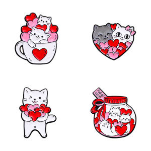 4pcs Cute Cartoon Cat Enamel Brooch Creative Animal Valentines Day Heart Gift Lapel Pin Badge Backpack Clothing Hat Accessories