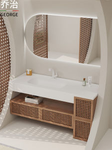 Japanese Style Bamboo Woven Ceramic One-Piece Basin Rock Board Bathroom Washbasin Combination for Face And Hand Washing