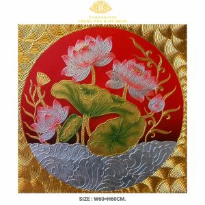 ภาพดอกบัวมงคง พื้นสีแดง  ภาพติดห้องพักติดหัวเตียง ภาพดอกบัวมงคล ภาพแขวนกรอบลอย ภาพวาดบัวทอง