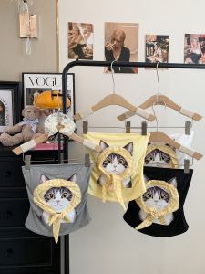 Sweet Spicy Cat Cartoon Slimming One-Shoulder Tube Top Womens Bodycon Crop Top with Integrated Bra Pad Short Length Printed