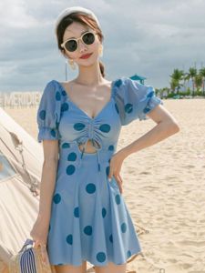 Conservative Halter Neck One Piece Swimsuit for Plump Girls Summer Slimming Belly Covering Trendy Small Chest Gathered