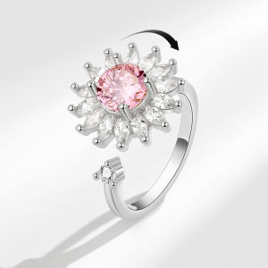 New In Copper Sunflower Rings For Women Gold Crystal Anxiety Relife Spinning Anti Stress Rotating Ring Trendy Jewelry Gifts
