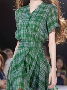 Fashionable Elegant French Design Green Check Summer Dress