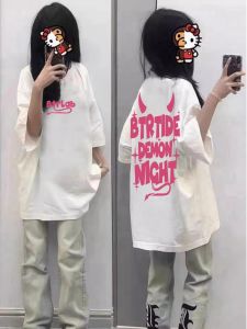 Street Style American Devil Letter Print Short Sleeve Pure Cotton T-Shirt Womens Summer New Style Junior High School Half Sleeve Top