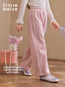 Little Naive | Thickened Contrasting Color Fleece Lace Decorated Girls Trousers