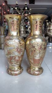 Đôi Lọ Hoa Tứ Linh Màu Vàng Bằng Đồng Cát Tút Cao 50cm Đẹp Tinh Xảo - Lục Bình Cát Tút