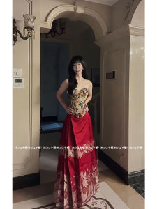 ชุดกี่เพ้าสีแดงสไตล์จีนใหม่สำหรับผู้หญิง ฤดูใบไม้ร่วง/ฤดูหนาว เสื้อและกระโปรงยาวครึ่งตัว เสื้อผ้าผู้หญิงสไตล์จีนแบบปรับปรุงใหม่