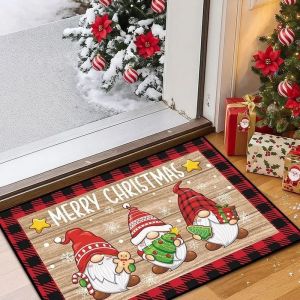 VIKAMA Christmas Gnome Doormat Wood Wreath Merry Xmas Welcome Mat Non Slip Soft Floor Rug for Front Door Entryway Holiday Decor