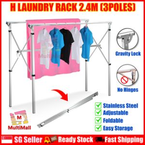 H Model 2.4m [3 Poles No Wheel] Stainless Steel Extendable Laundry Drying Rack| Foldable Laundry Rack| Drying Rack| Laundry| Laundry Organiser| Drying Rack clothes| Drying clothe Folding| Cloth Laundry Drying Rack Retractable| Space Saving storage