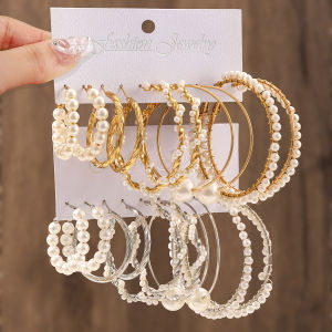10 Pairs Korean Imitation Pearl Hoop Earrings Fashion Bead Round Earrings For Womens Elegant Wedding Party Jewelry Set
