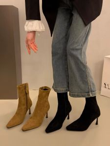 Ankle Booties Womens Slim Fit High Heel Short Boots Elastic Korean Style Waterproof Platform Ultrafine Fiber Leather