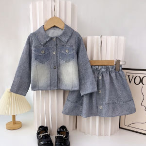 Bear Leader 3 4 5 6 7 Years Ternos Girls Denim Effect Clothing Sets Autumn Long Sleeves Single Breasted Jacket and Skirt Casual Clothes Suits For Baby Kids Outfits
