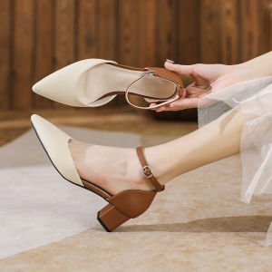 Comfortable Pointed Toe High Heels Womens mid Hollow Fashion Sandals 2025 New Thick Heel Color Block Single Shoes for Skirts