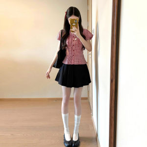 Y6Y | Áo Sơ Mi Caro Đỏ Tay Bồng Phong Cách Học Viện Pháp Ngọt Ngào