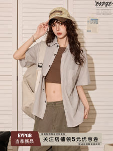 American Style Grey Striped Short Sleeve Polo Shirt Women Summer Loose Fit Shoulder Length Half Sleeve College Style Versatile Top