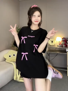 Women Short Sleeve T-shirt Pink Bow Korean Style Loose Fit Top Baju Baggy Perempuan 女生上衣