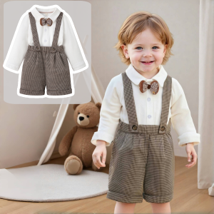 1 2 3 4 Years Spring Autumn Soft Gentleman Outfit Set for Boys Long Sleeve Shirt with Strap Bow 4PCS Toddler Birthday Clothes