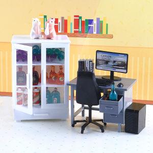 1:12 Dollhouse Miniature Office Furniture Set Simulation Computre Desk Model Bookshelves Doll House Decoration Accessories