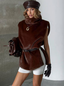 Kliou Autumn New Style Tank Tops Woman Furry Patchwork Turtleneck Daily Street Casual Simple Fashion Solid Elegant Clothing