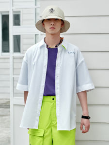 G-Home Mens Casual White Short Sleeve Shirt Summer Loose Fit Turn-down Collar Fashion Urban Style Breathable Printed Cotton