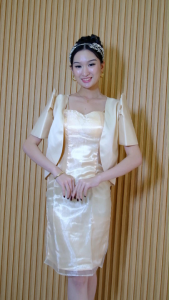 Set Beige bolero silk filipiniana top and piña fabric inner dress with bra padding foam
